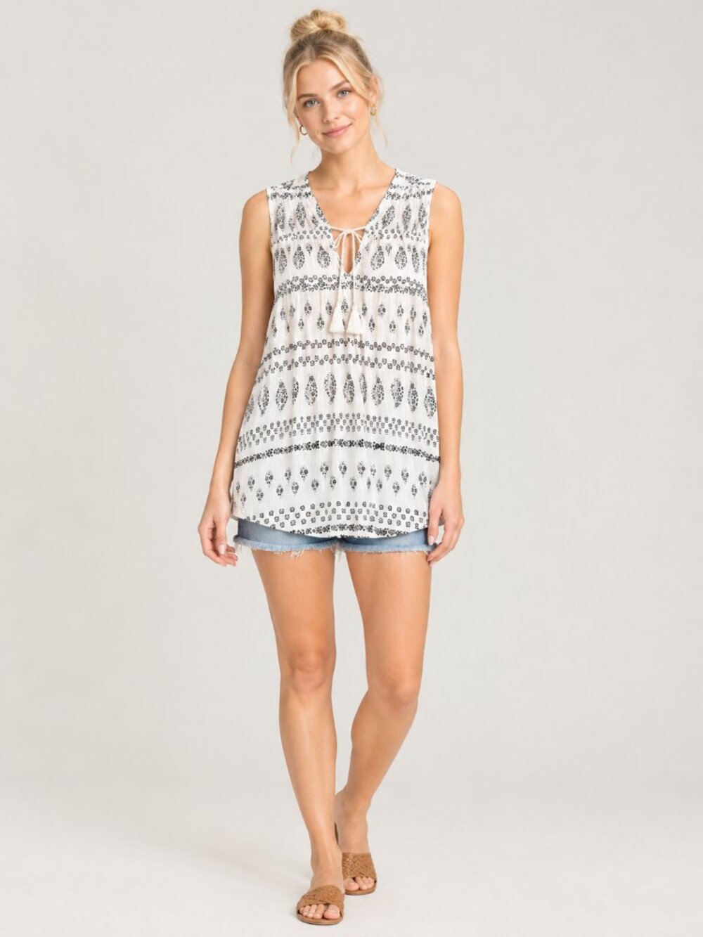 2/$30 Lucky Brand Ditsy Floral Print Sleeveless Boho Tassel Top White XL #A4433